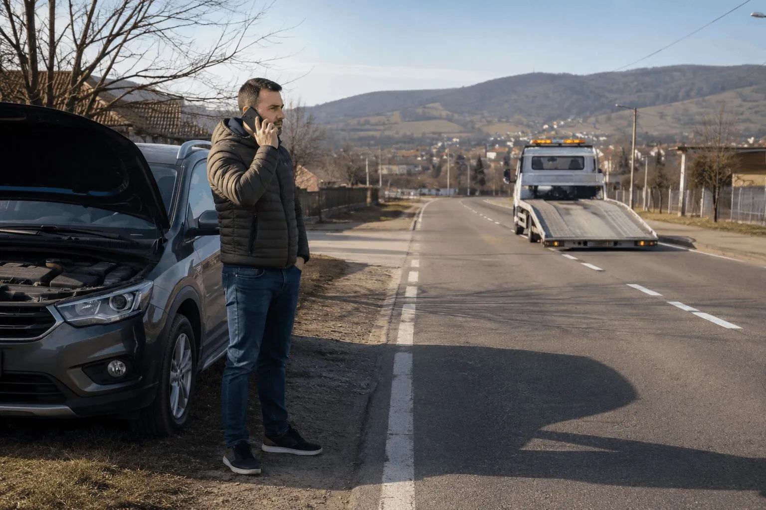 Șofer care solicită telefonic tractare auto pentru o mașină defectă în Roman