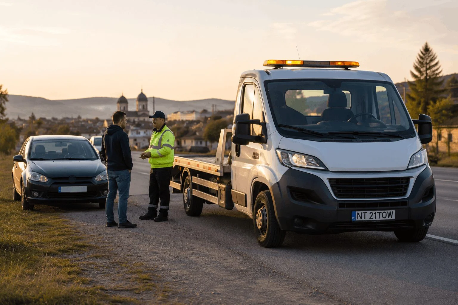 Șofer discutând cu operatorul unei platforme auto pentru asistență rutieră în Roman