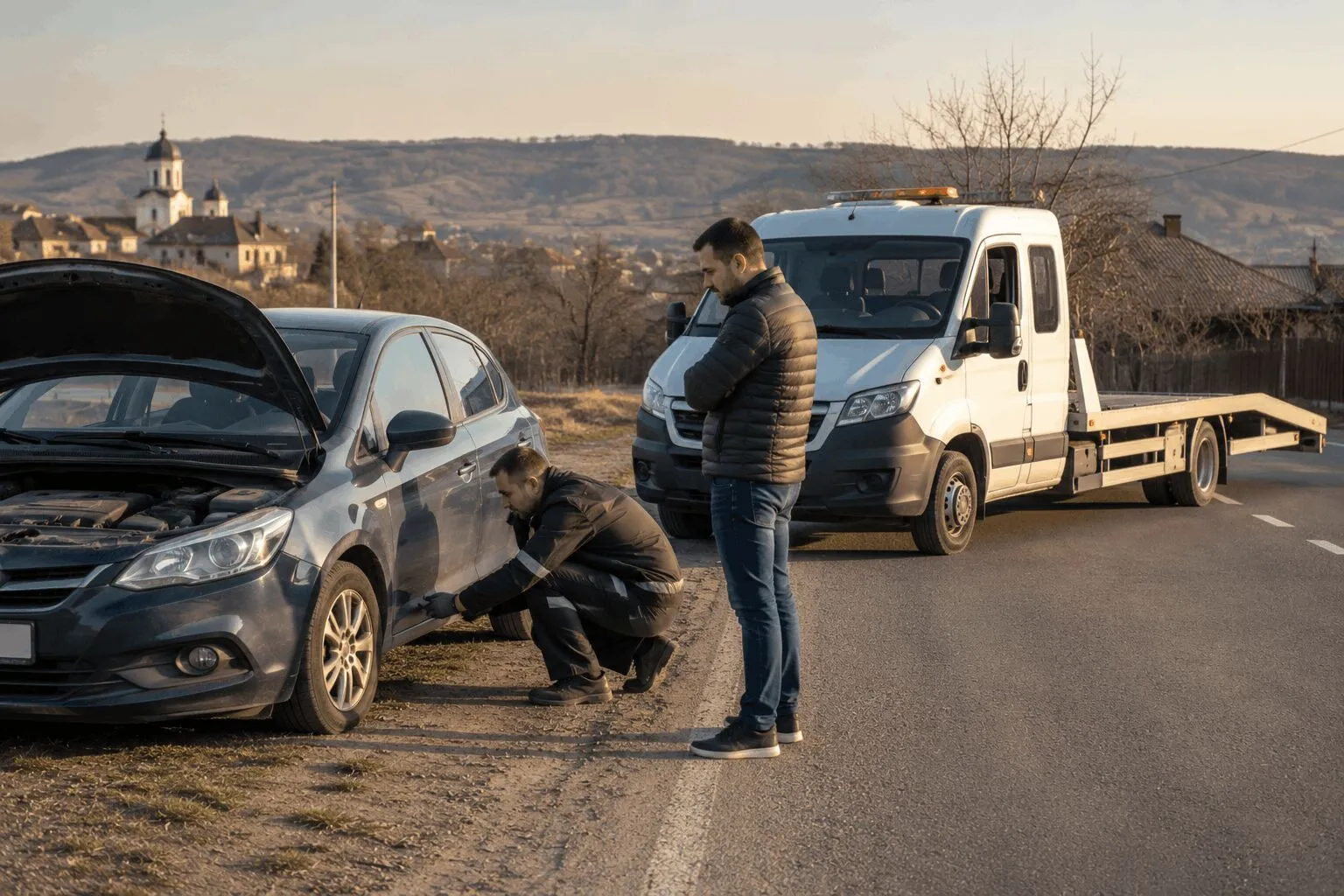 Operator care verifică un autoturism defect înainte de încărcarea pe platformă în Roman