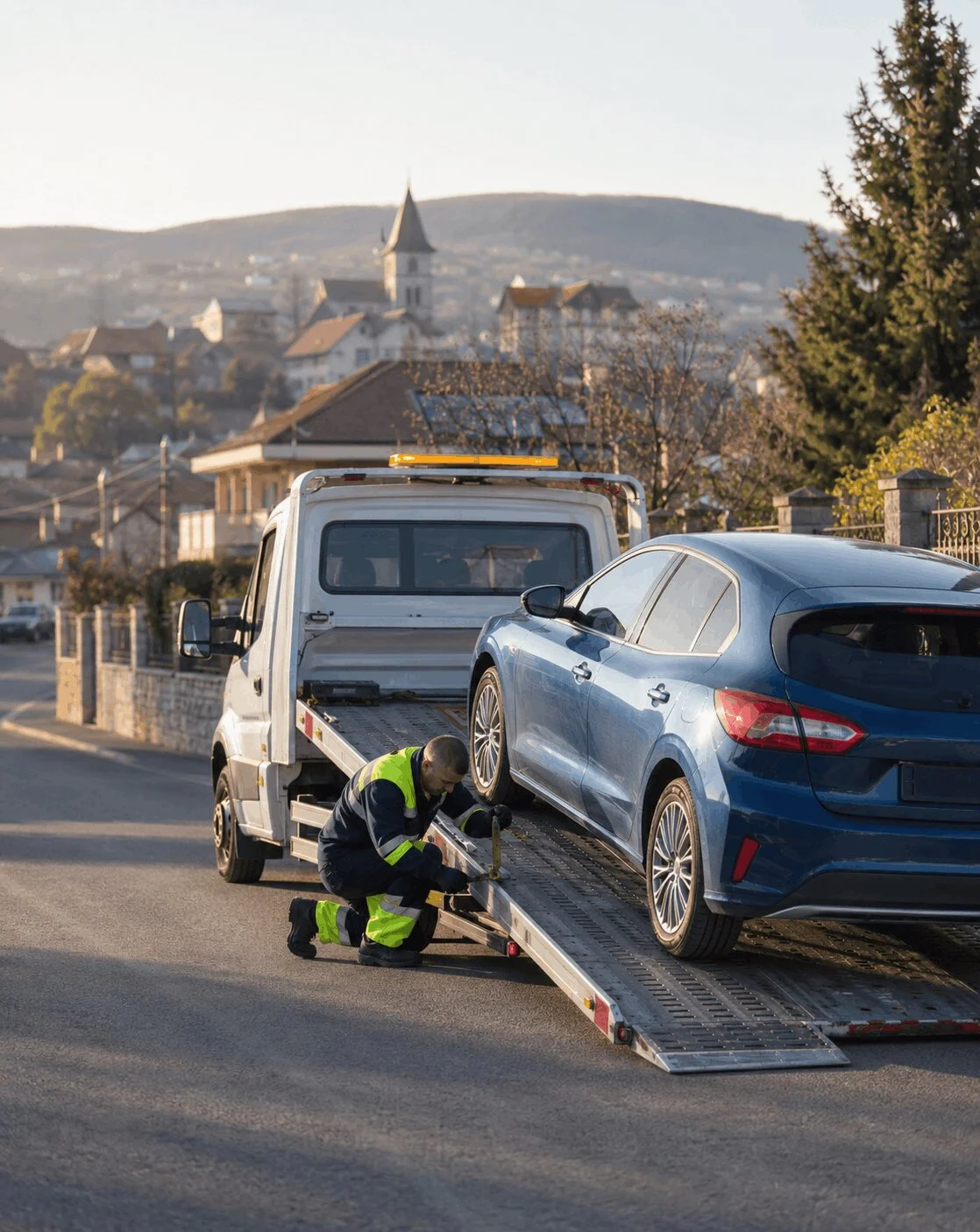 Operator care fixează un autoturism pe platformă pentru tractări auto în Roman