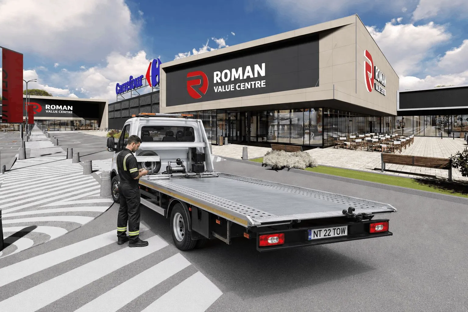 Platformă auto pentru tractări în parcarea Roman Value Centre din municipiul Roman