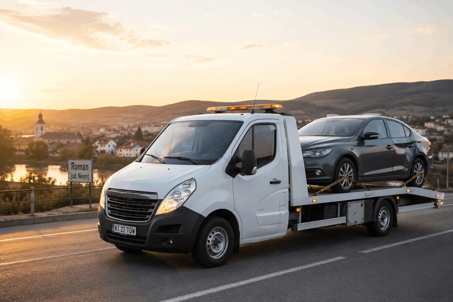 Platformă auto pentru tractări în Roman transportând un autoturism în județul Neamț
