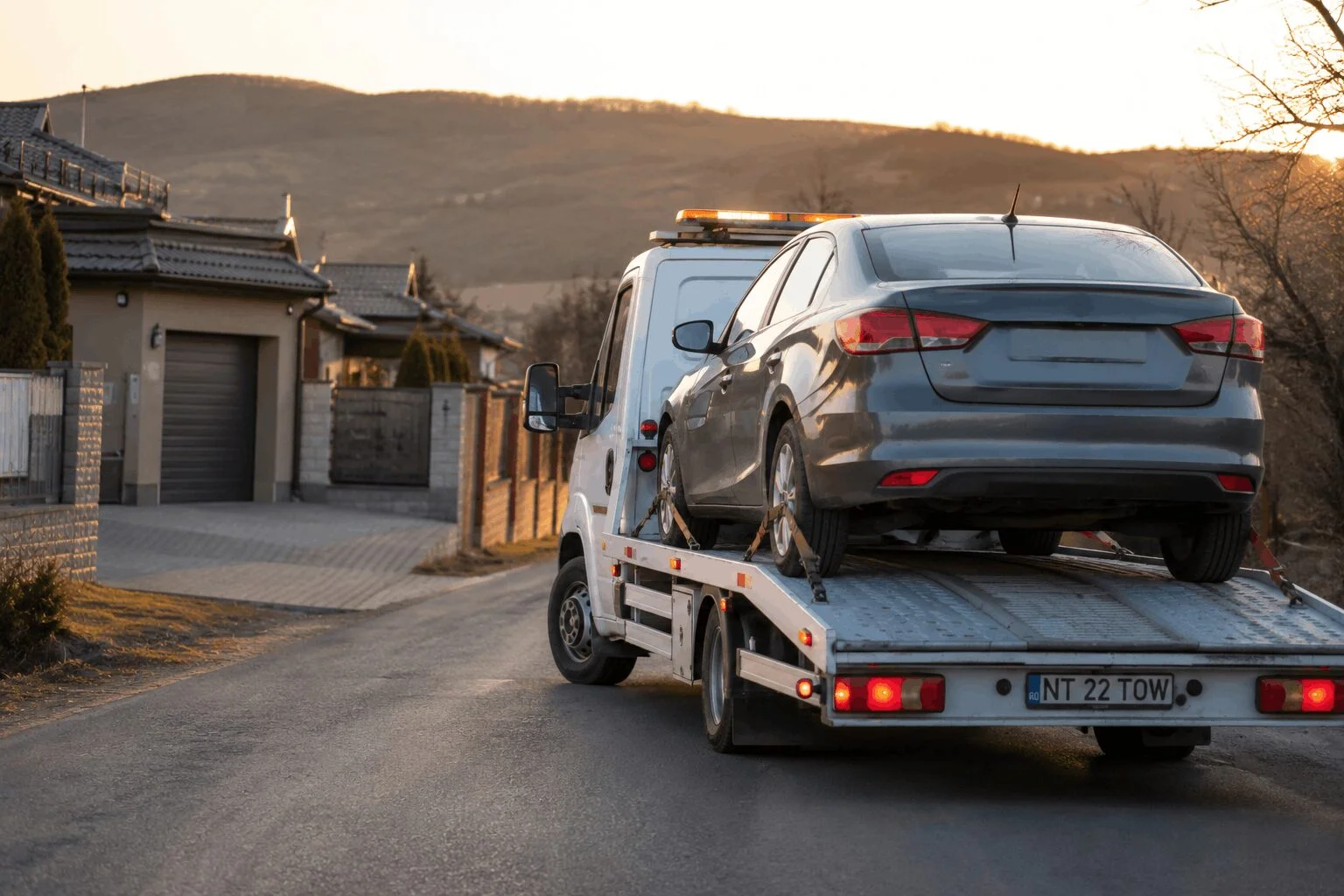 Autoturism transportat în siguranță pe platformă auto în Roman