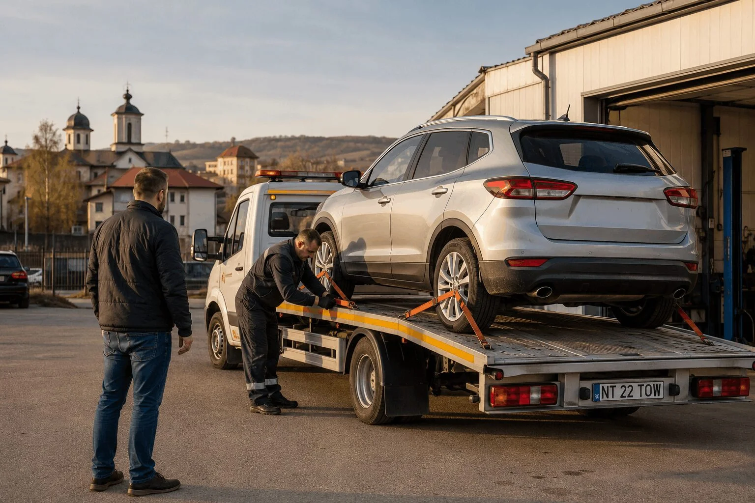 Operator care fixează un SUV pe platformă pentru transport auto în Roman